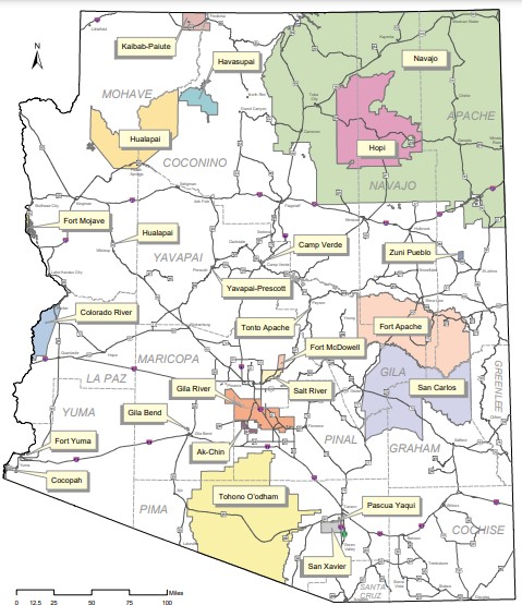 Arizona state map with locations of tribes
