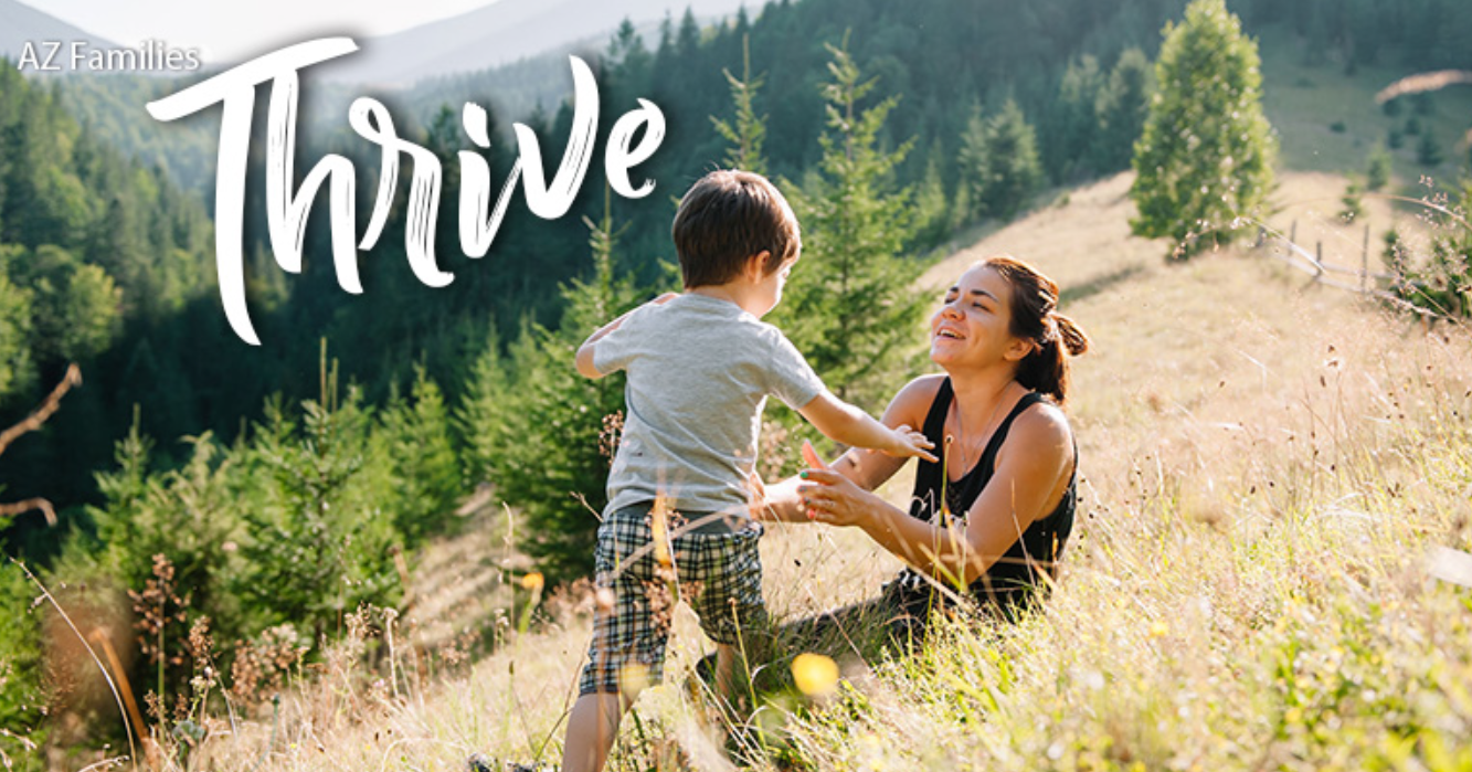 AZ Thrive Newsletter image header of a child running towards his mom to hug her